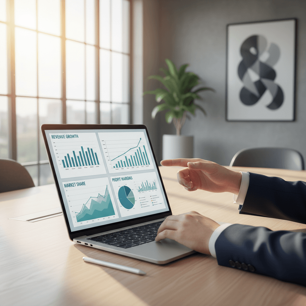 Professional consultant's hands analyzing financial charts and growth metrics on laptop screen at modern desk